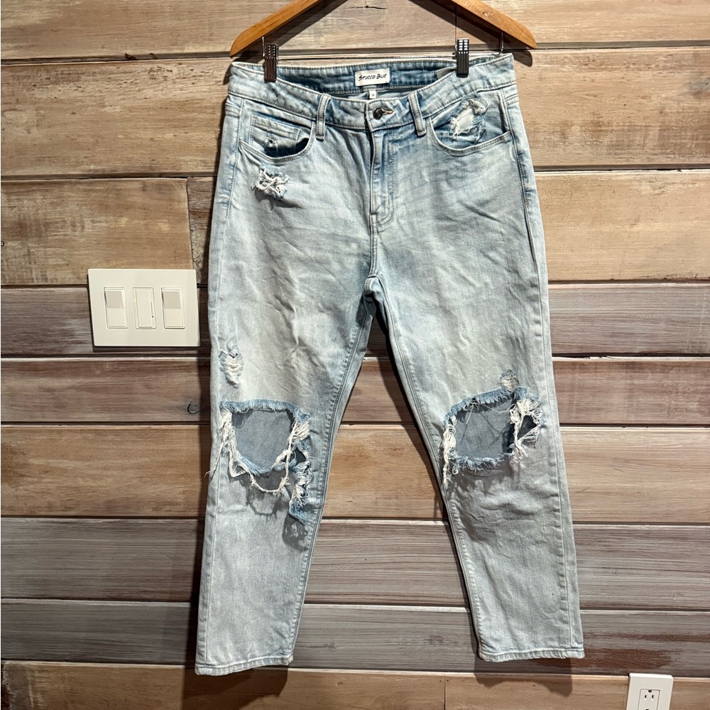 Studio Blue Mid Rise Cropped Distressed Light Blue Girlfriend Jeans Size 29
